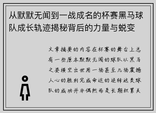 从默默无闻到一战成名的杯赛黑马球队成长轨迹揭秘背后的力量与蜕变